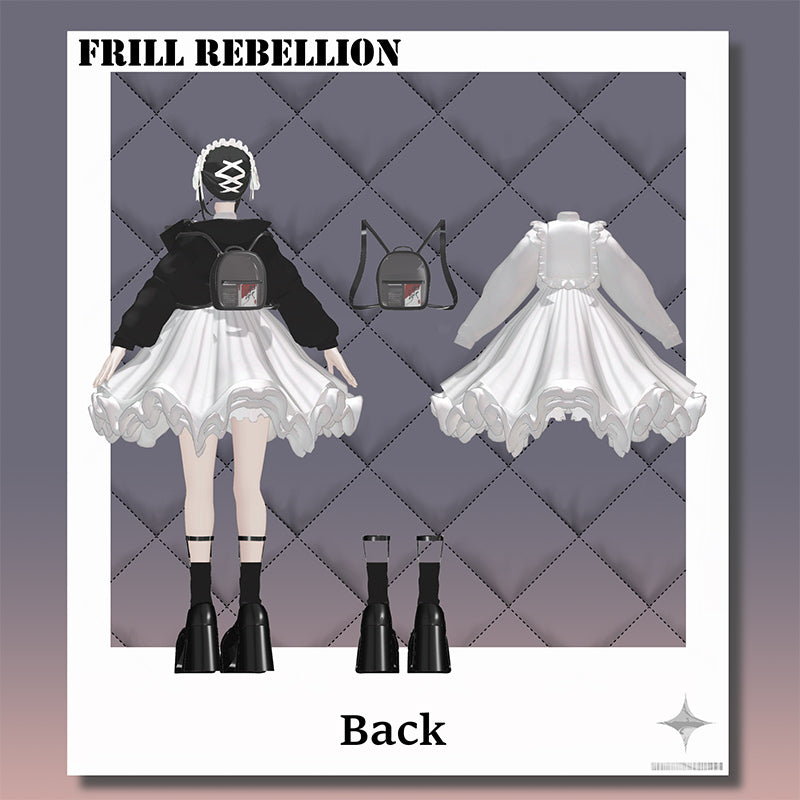 [20240524 - ] "monoTone" 3D Avatar Outfit Frilled Dress "FrillRebellion" with Base Model for Head Replacement Compatible with 11 Avatars: Kikyo/Lapwing/Lime/Manuka/Mizuki/ Moe/Selestia/Shinra/Yollchang/Zome/Yegi, Julius (For VRChat)