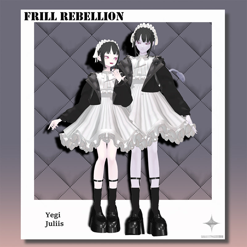 [20240524 - ] "monoTone" 3D Avatar Outfit Frilled Dress "FrillRebellion" with Base Model for Head Replacement Compatible with 11 Avatars: Kikyo/Lapwing/Lime/Manuka/Mizuki/ Moe/Selestia/Shinra/Yollchang/Zome/Yegi, Julius (For VRChat)
